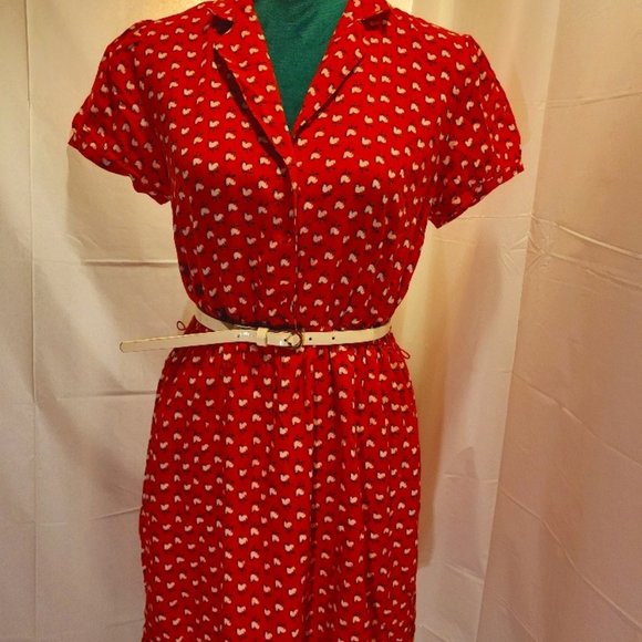 Forever 21 Rooster Print Red Fit and Flare Dress with Belt M - Picture 1 of 14